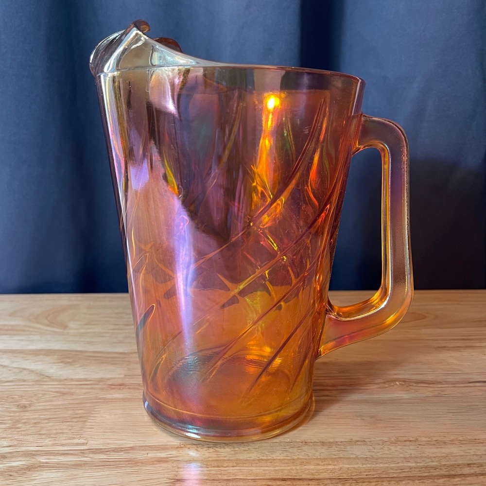 Vintage Marigold Carnival Glass Pitcher Swirl Pattern Ice Lip Iridescent Amber